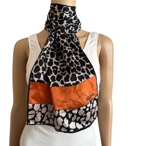 Bill Blass Black White Orange Silk Animal Print Oblong Scarf